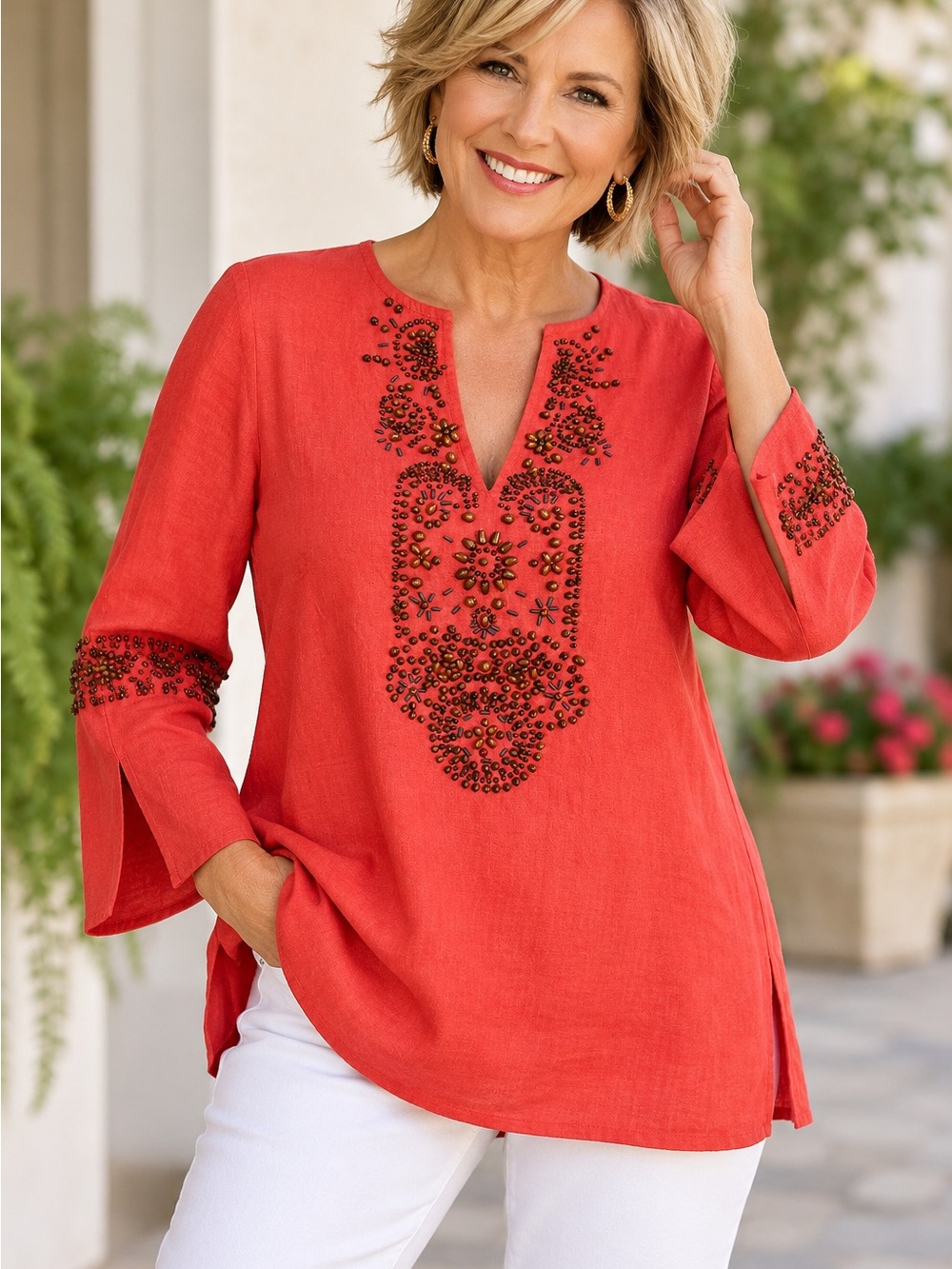 Diane Gilman Top Size S Coral Linen Rayon With Brown-Toned Beaded Embellishment
